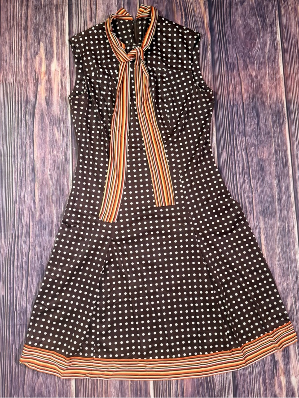 Women’s Vintage 60s Brown & Cream Polk Dot A-Line Mod Shift Dress w/ Scarf M - Picture 9 of 10